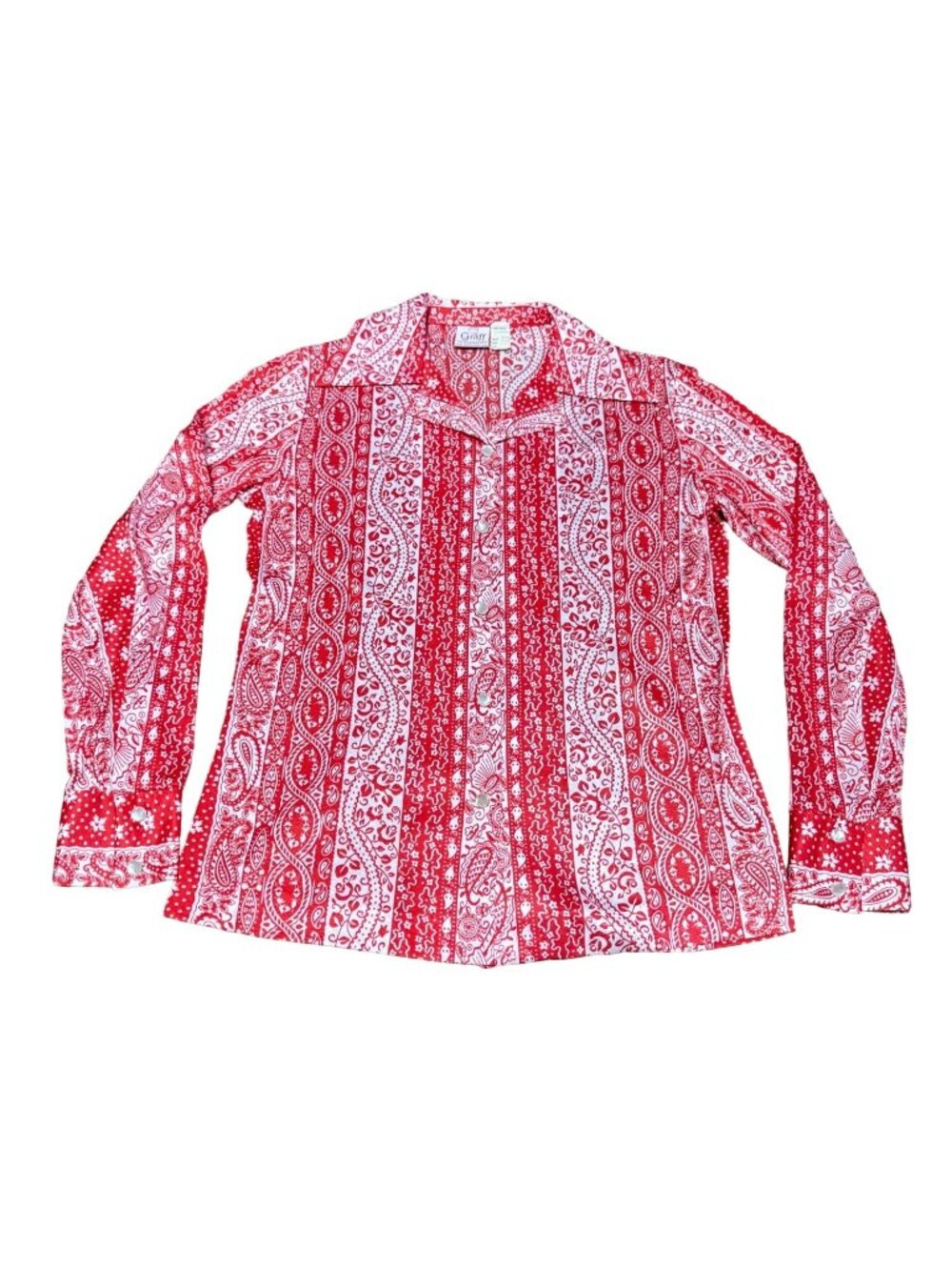 Vtg Graff Red White Filagree Blouse Sz 6 1970s Spear Point Collar Long Sleeve